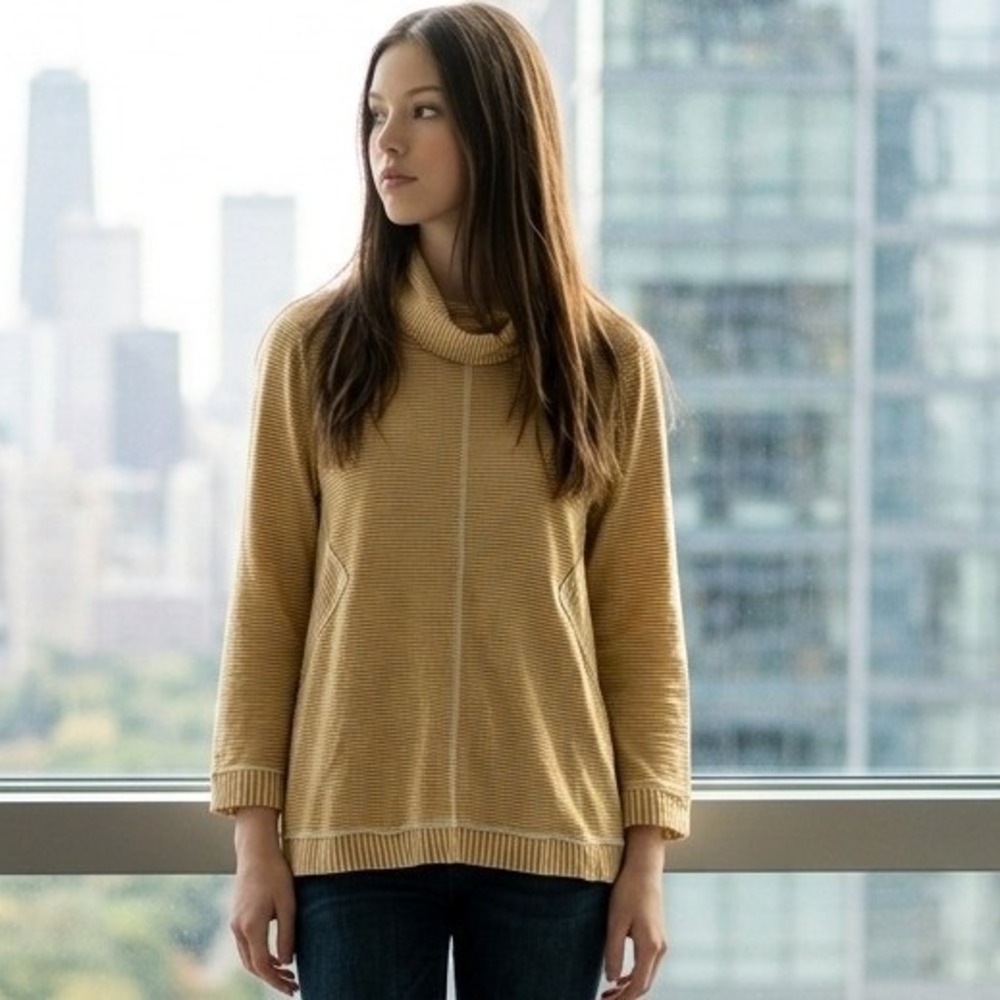 Anthropologie Maeve Cowl Neck Sweater Cream Gold Stripe Lightweight Fisherman S